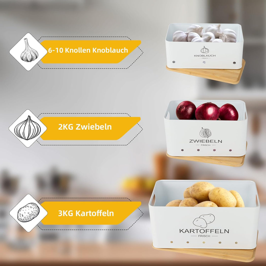 3er Set Kartoffel Aufbewahrungsbox Weiss - Rechteckiger - Kartoffel Zwiebel Knoblauch Aufbewahrung -