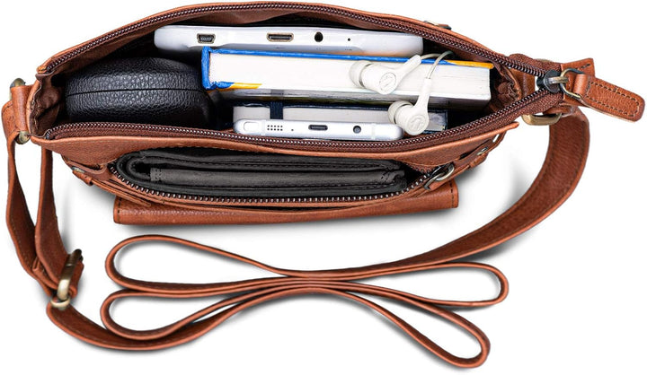 ROYALZ 'Madison' Vintage Handtasche Damen Umhängetasche klein kompakte Ledertasche Schultertasche Te