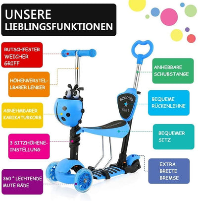 YOLEO 5-in-1 Kinder Roller Scooter mit Abnehmbarer Karikaturkorb Sitz Schubstange LED grosse Räder B