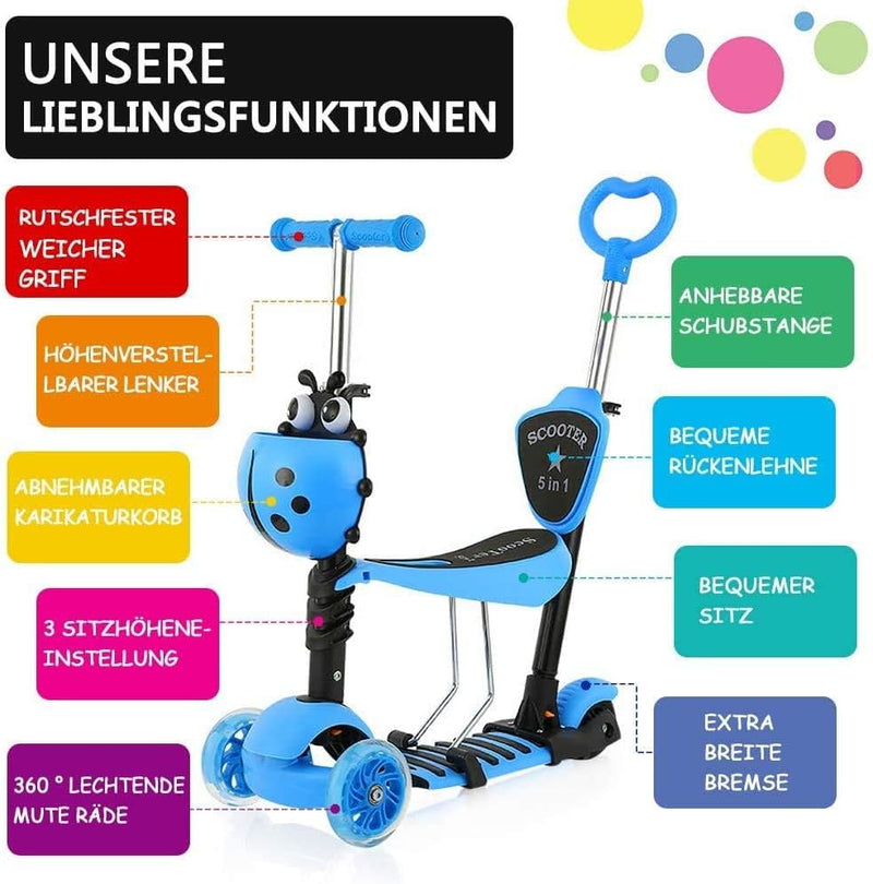 YOLEO 5-in-1 Kinder Roller Scooter mit Abnehmbarer Karikaturkorb Sitz Schubstange LED grosse Räder B