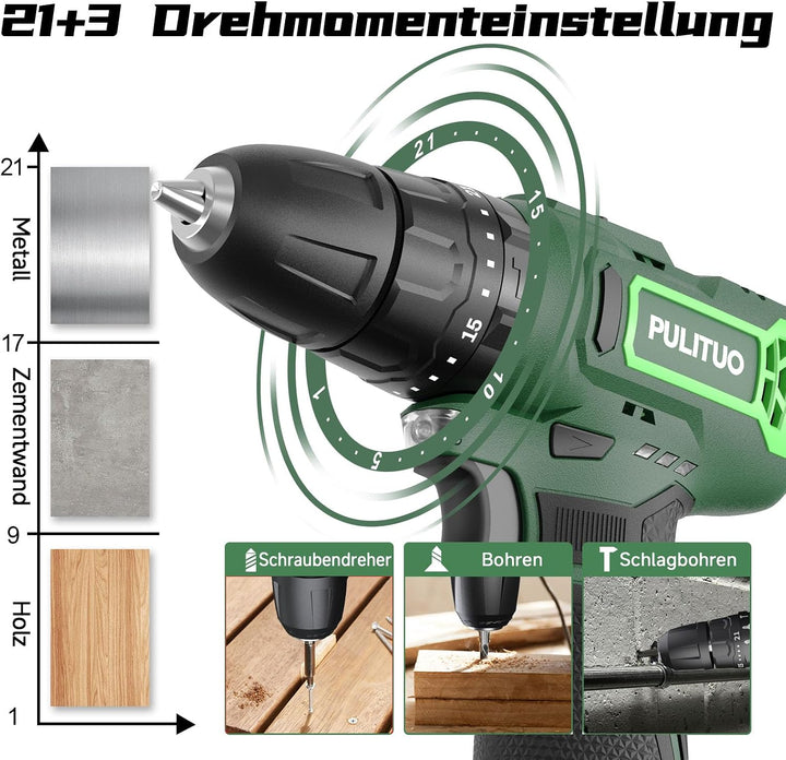 Akku-Schlagbohrmaschine 12 V, PULITUO schlagbohrschrauber set, Akkuschrauber mit 3/8" Metallfutter,
