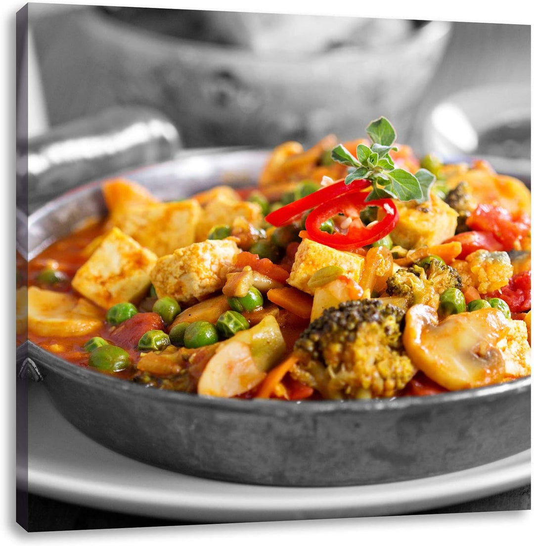 Pixxprint Appetitliche Fleischpfanne als Leinwandbild/Grösse: 70x70 cm/Wandbild/Kunstdruck/fertig be
