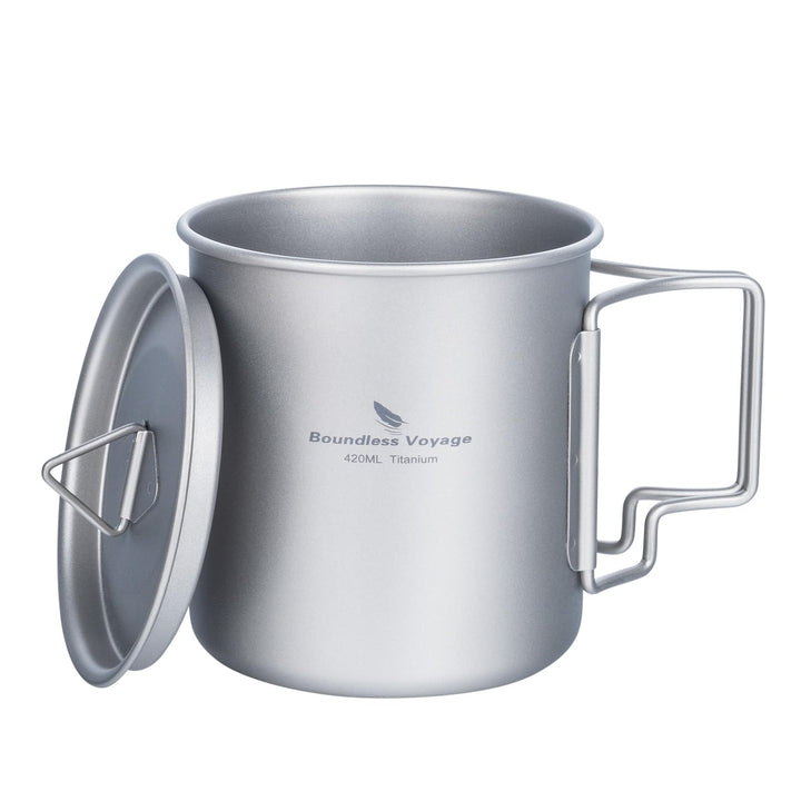iBasingo 420ml Camping Becher Outdoor Tasse Titan Trinkbecher Mug mit Deckel & Klappgriff Ultraleich