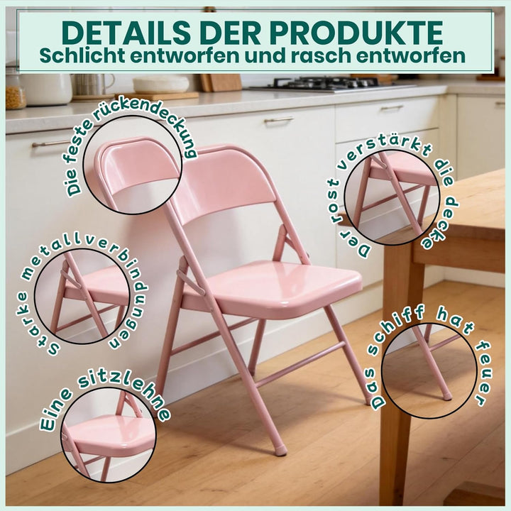 Vollstahl-Klappstuhl 4er Set, Schwerlast-Metallklappstuhl, Ergonomische Rückenlehne, Leicht &amp; platzs