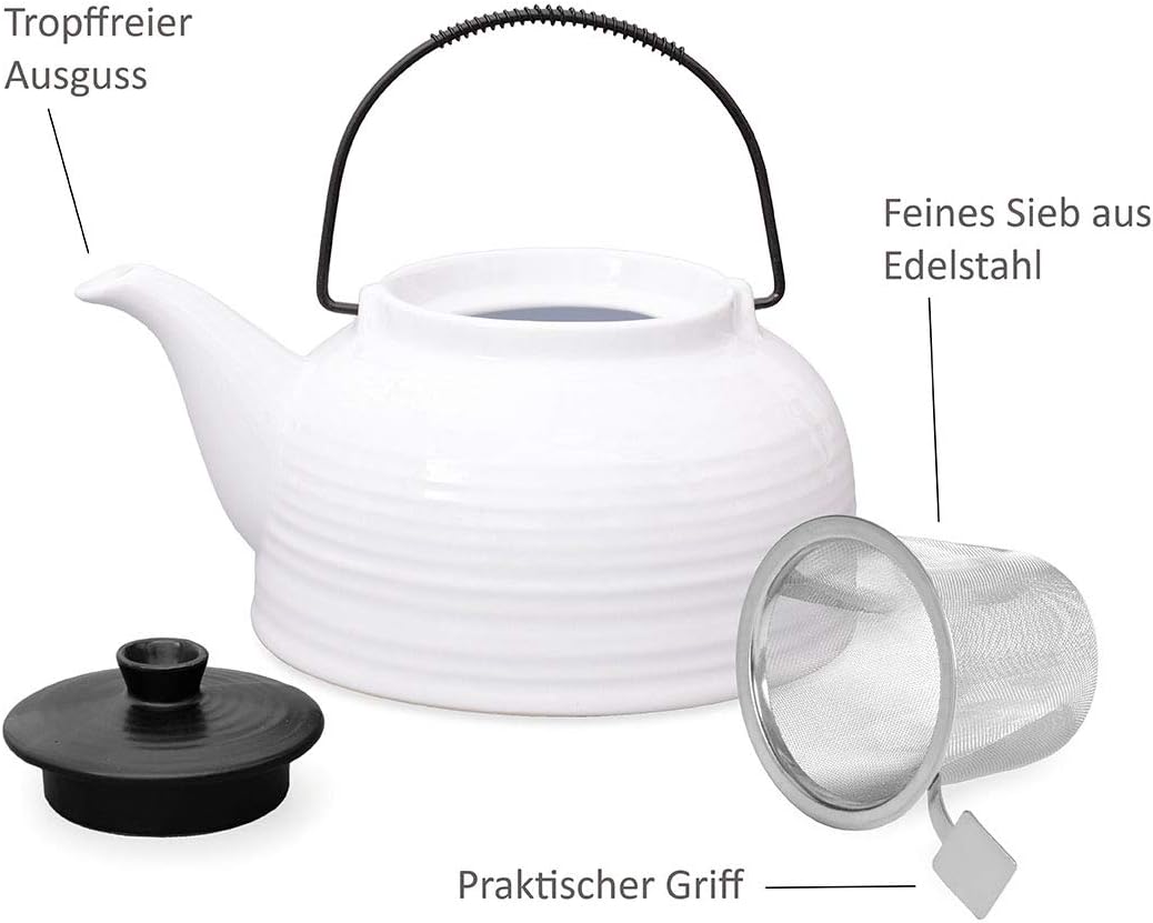 Aricola Teeservice „Nelly“. Moderne Teekanne 1,5 Liter in weiss/schwarz aus hitzebeständiger Keramik