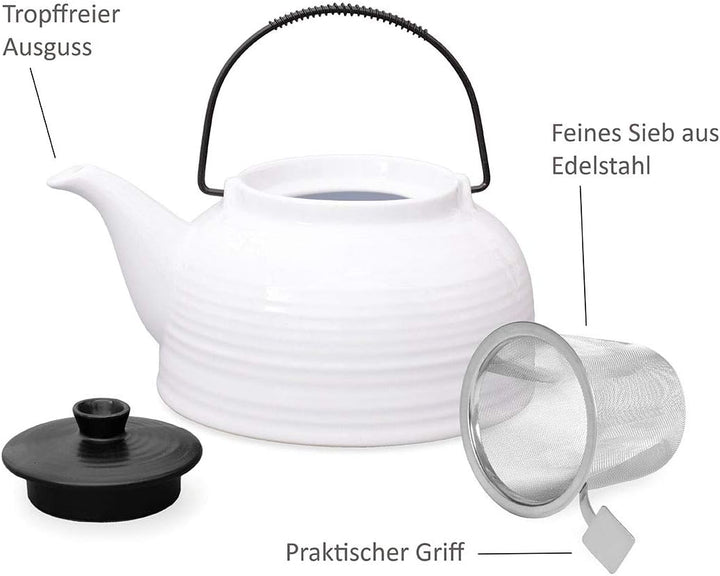 Aricola Teeservice „Nelly“. Moderne Teekanne 1,5 Liter in weiss/schwarz aus hitzebeständiger Keramik