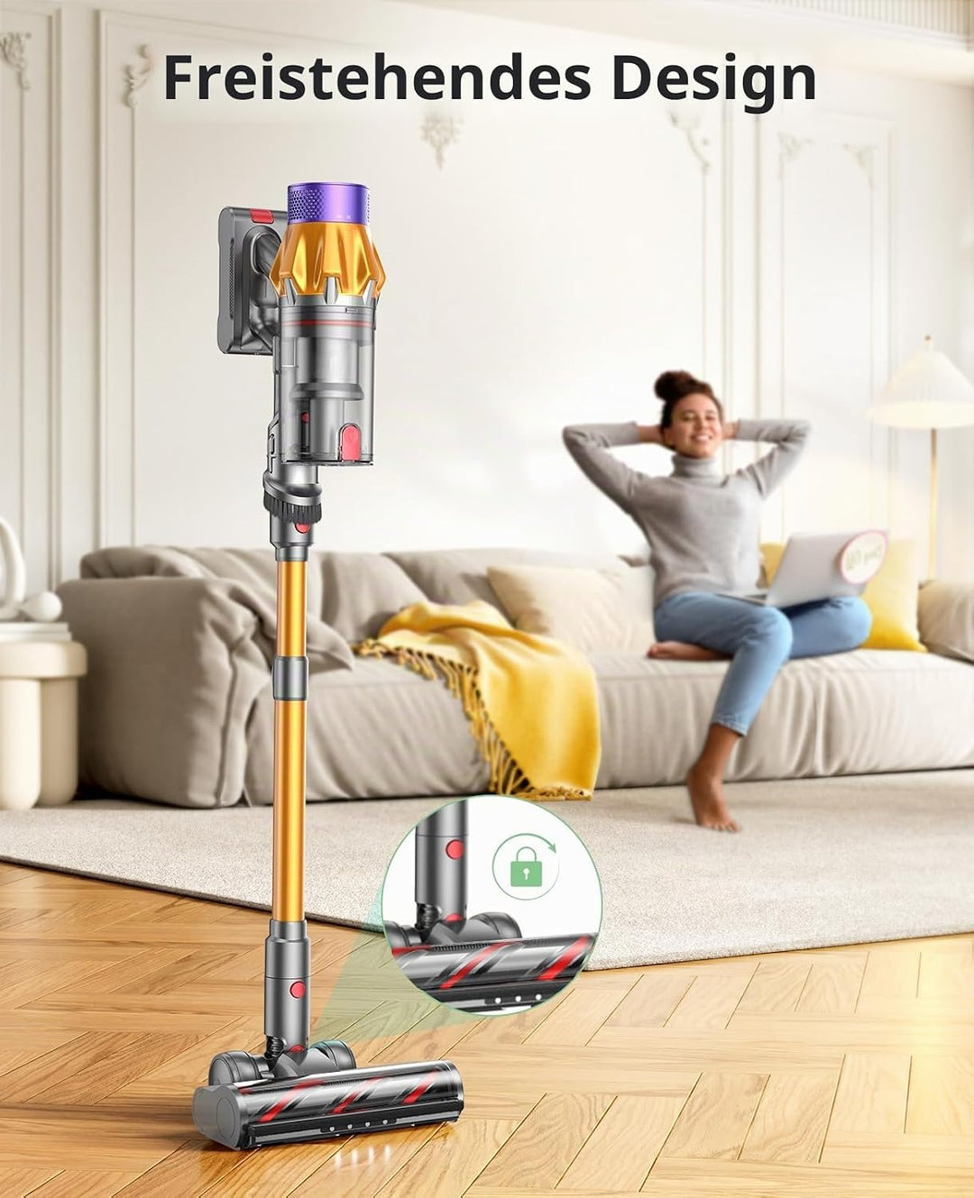 SunSare Akku Staubsauger, 45 KPa/550 W/60 Min. Kabelloser Staubsauger mit Touchscreen, 1,5-Liter-Sta