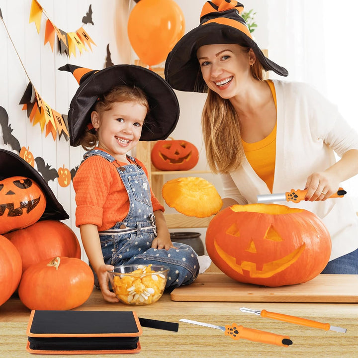 COOLUCK Kürbis Schnitzset mit Vorlagen, 11 Stück Halloween Kürbis Schnitzwerkzeug Carving Set mit Tr