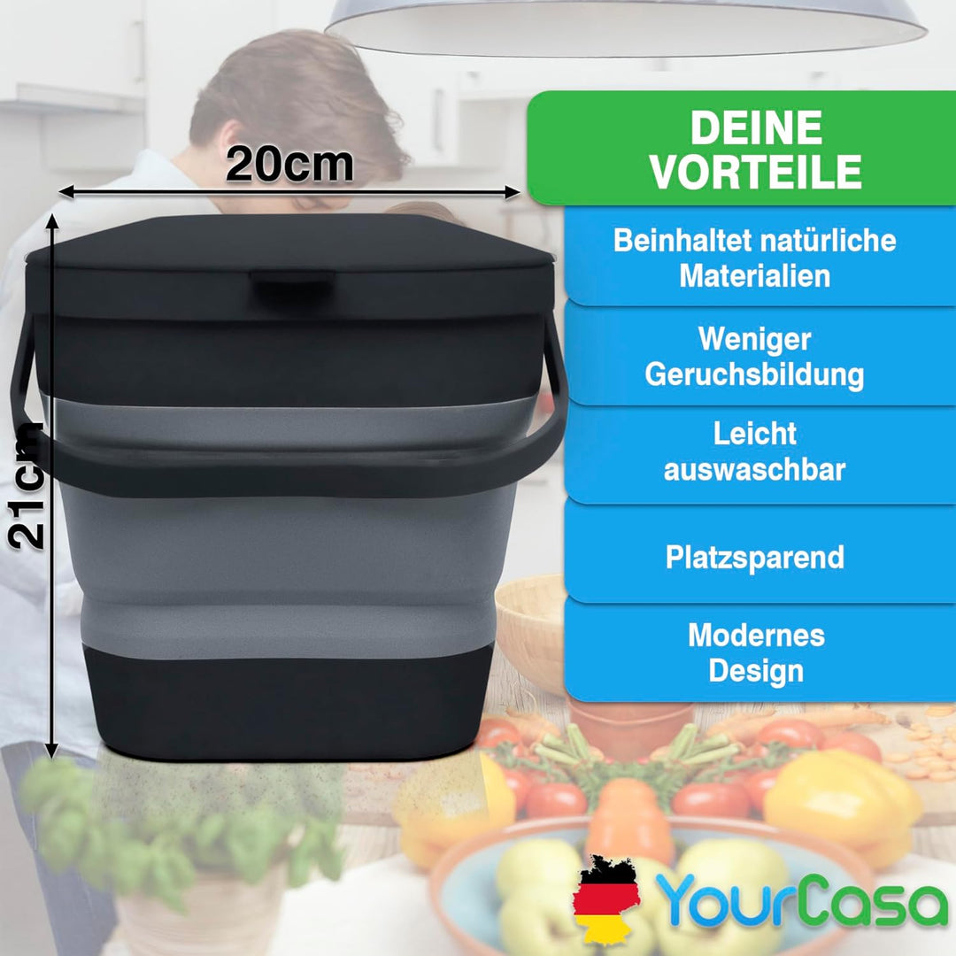 YourCasa® Faltbarer Biomülleimer 4L - kompakter Bio Mülleimer mit geruchsdichtem Aktivkohlefilter-De