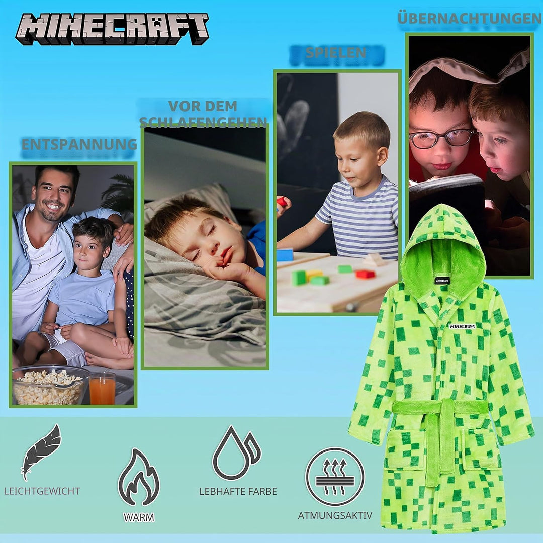 Minecraft Bademantel Kinder Jungen Weicher Fleece Morgenmantel mit Kapuze Badeponcho Creeper Gamer G