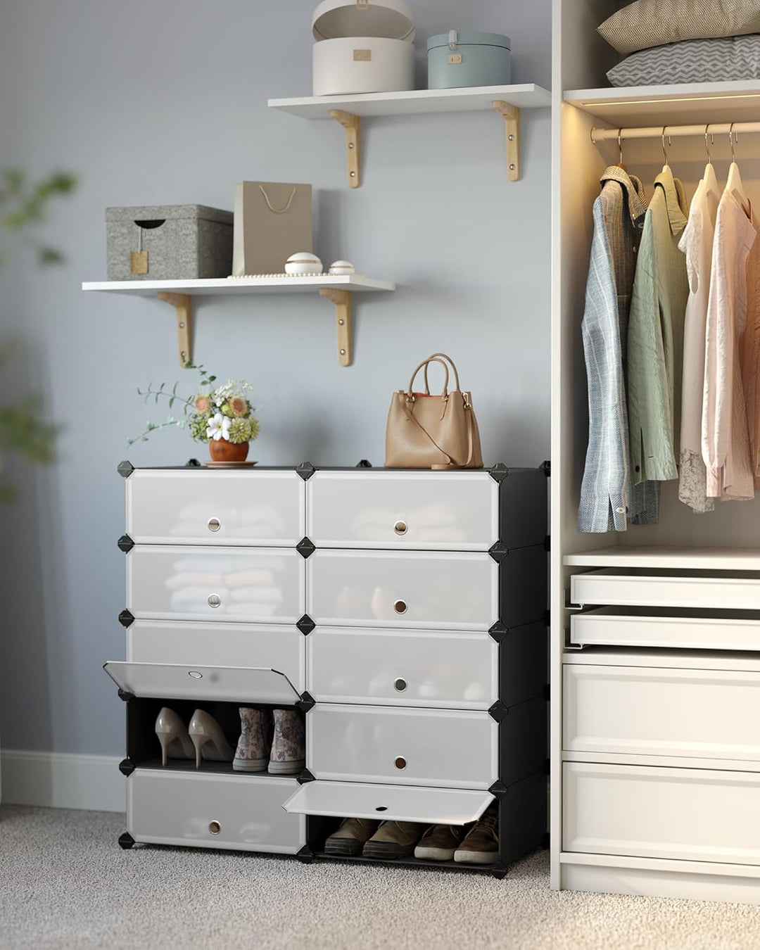 SONGMICS Schuhregal mit 10 Ebenen, Steckregal, Regalsystem, Schuh-Organizer, DIY-Regal, mit Tür, aus