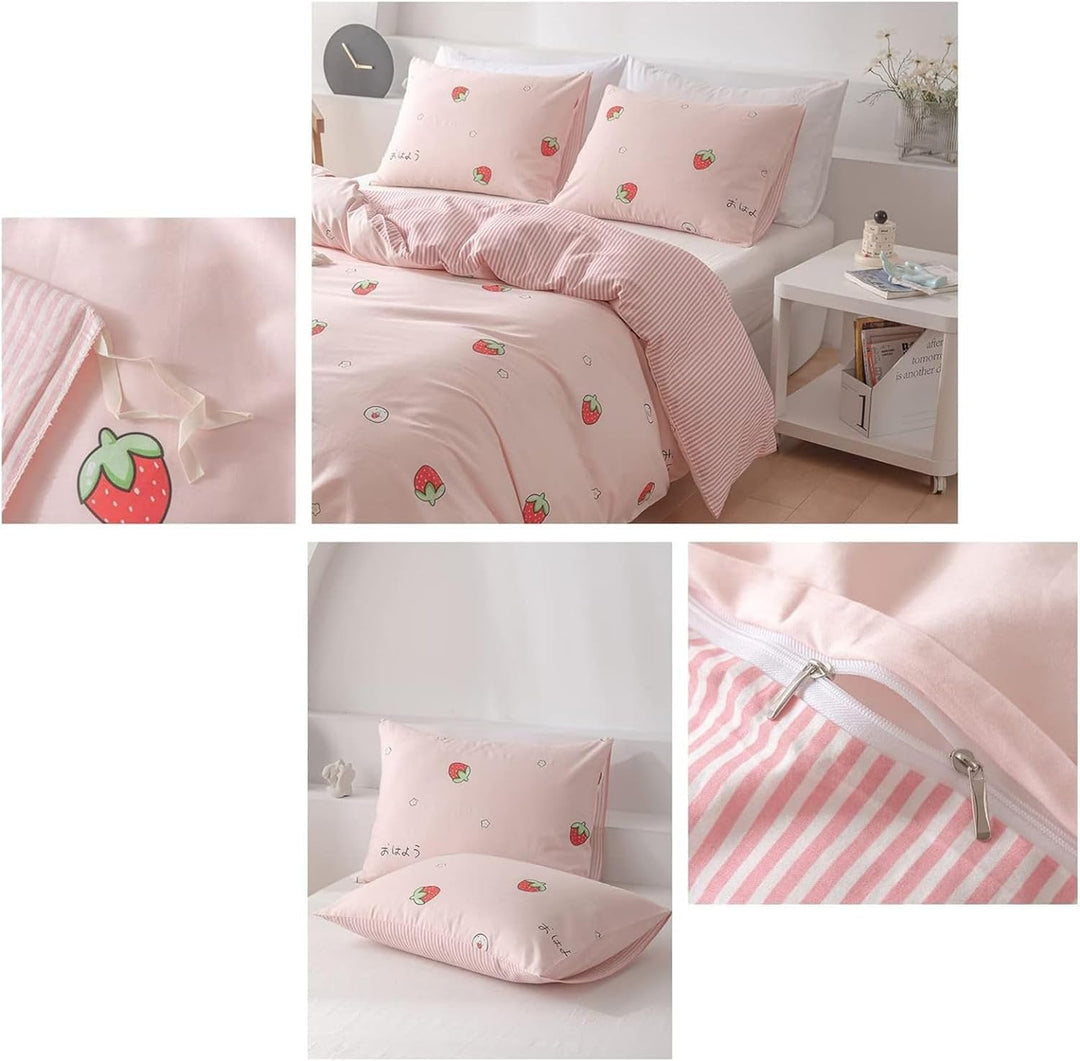 Freyamy Kinderbettwäsche 135x200cm 2teilig Rosa Rot Cartoon Erdbeere Kinder Wendebettwäsche Gebürste