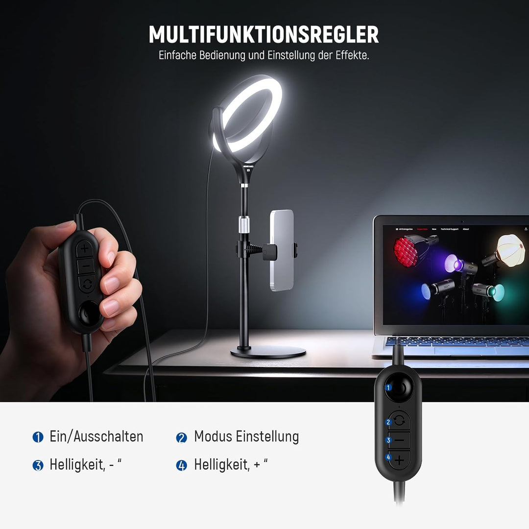 NEEWER Basics 7" Tisch Ringlicht mit Ständer/Handyhalterung kompatibel mit iPhone, 10W CRI95+ zweifa