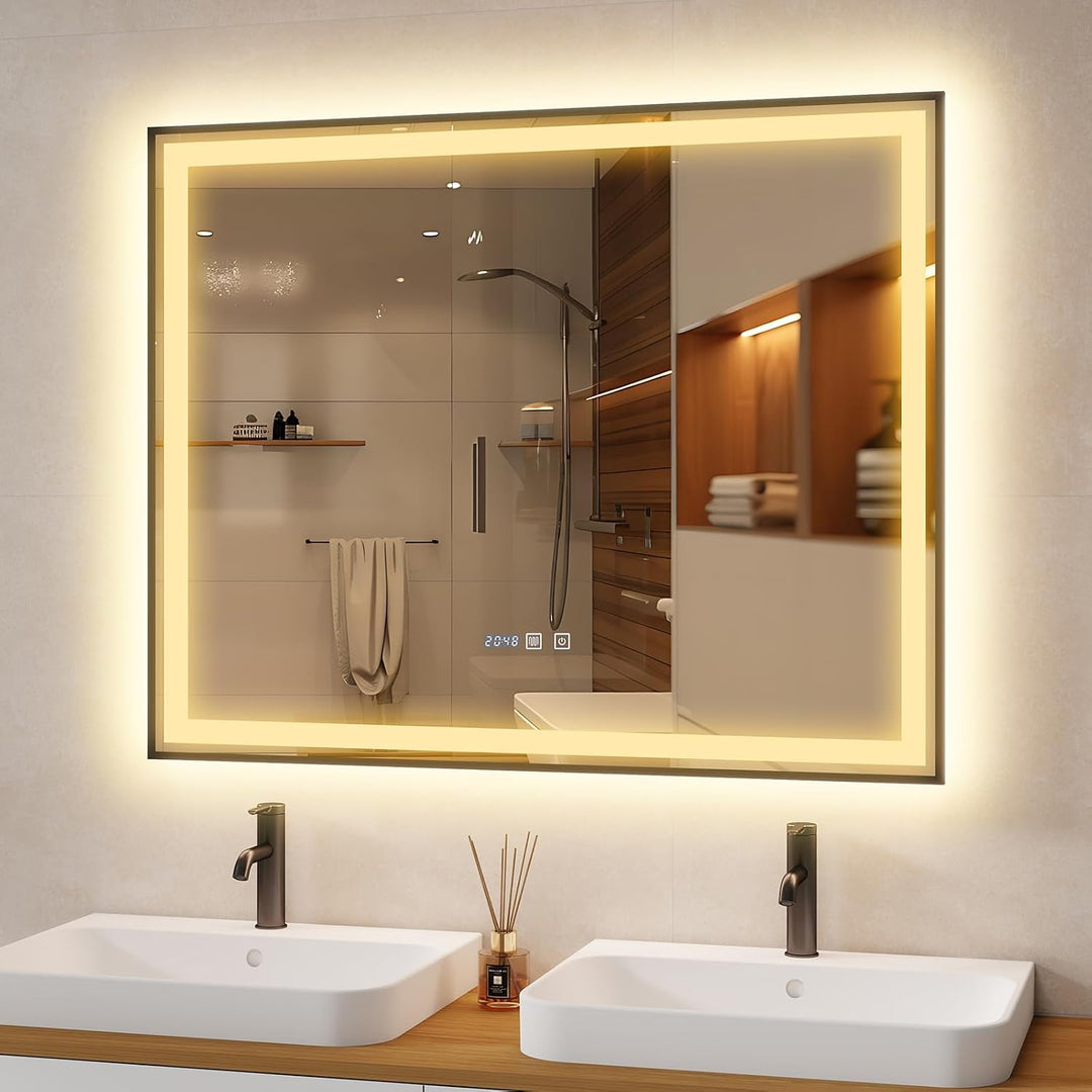YU YUSING Badspiegel mit Beleuchtung 100x80cm Badezimmerspiegel mit Beschlagfrei 3 Lichtfarbe Dimmba