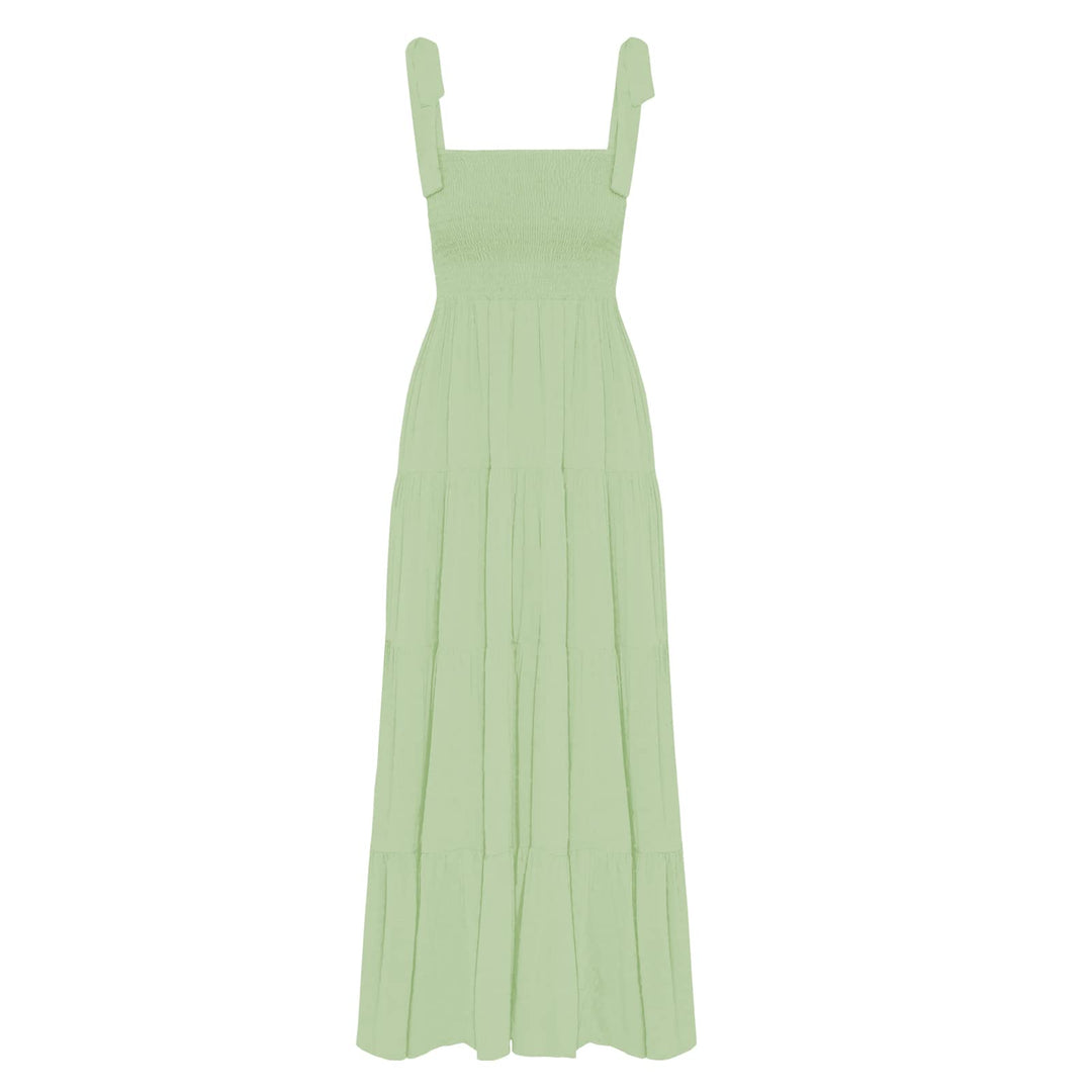 Kinstel Damen Sommer Boho Spaghetti Strap Square Neck Rüschen Casual Flowy Langes Kleid Strand Swing