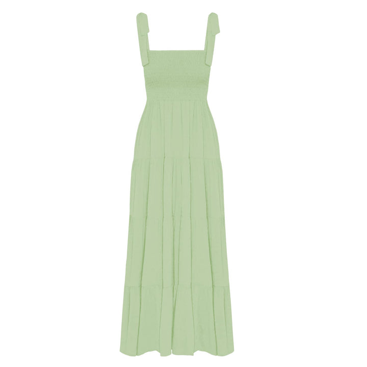 Kinstel Damen Sommer Boho Spaghetti Strap Square Neck Rüschen Casual Flowy Langes Kleid Strand Swing