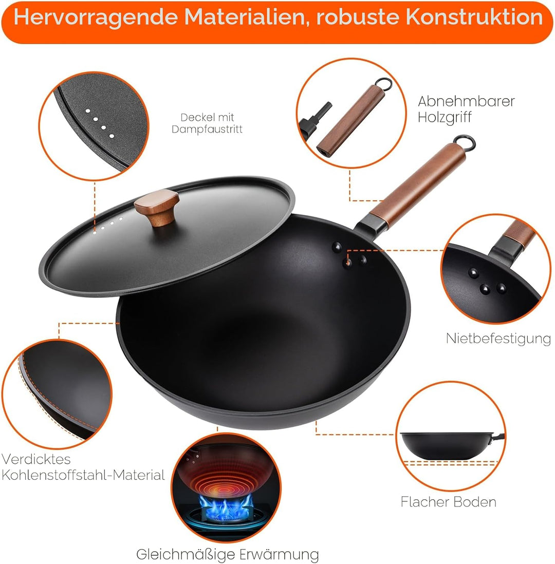 Jobin 33cm/5,6L Wokpfanne mit Eisendeckel Wok aus Kohlenstoffstahl Ohne Chemische Beschichtung und z