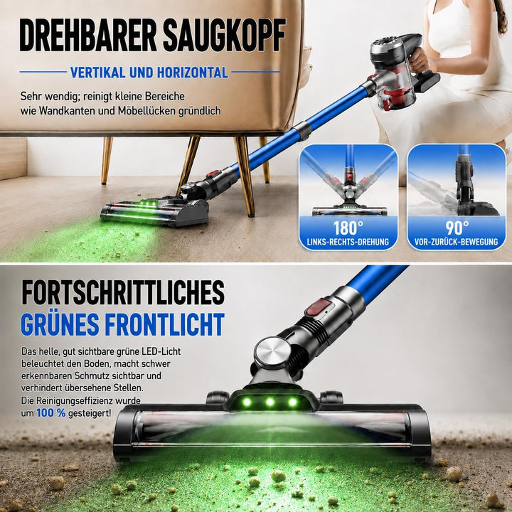 Akku Staubsauger Kabellos, 50kPa/50min, Anti-Tangle, Leichtbau, Gruine LED | 180° Lay-Flat Design, 1