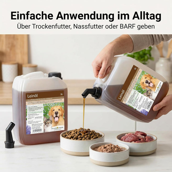 Leinöl für Hunde und Katzen, kaltgepresst 100% rein, ohne Zusätze, 2x5L + Ausgiesser
