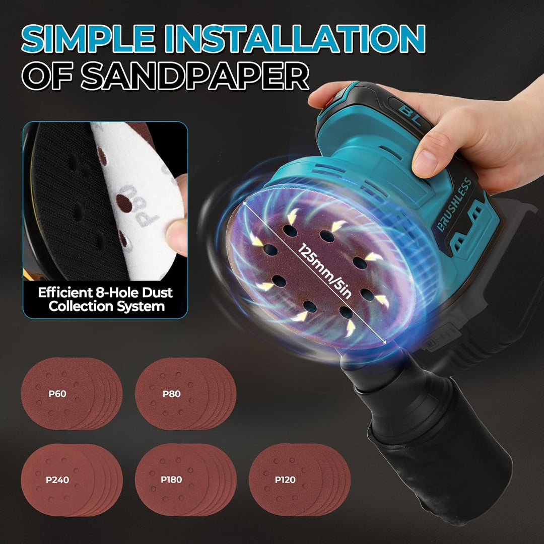 Akku-Exzenterschleifer kompatibel mit Makita, 125 mm, bürstenlos | 9700–19000 U/min – inkl. 25 Schle