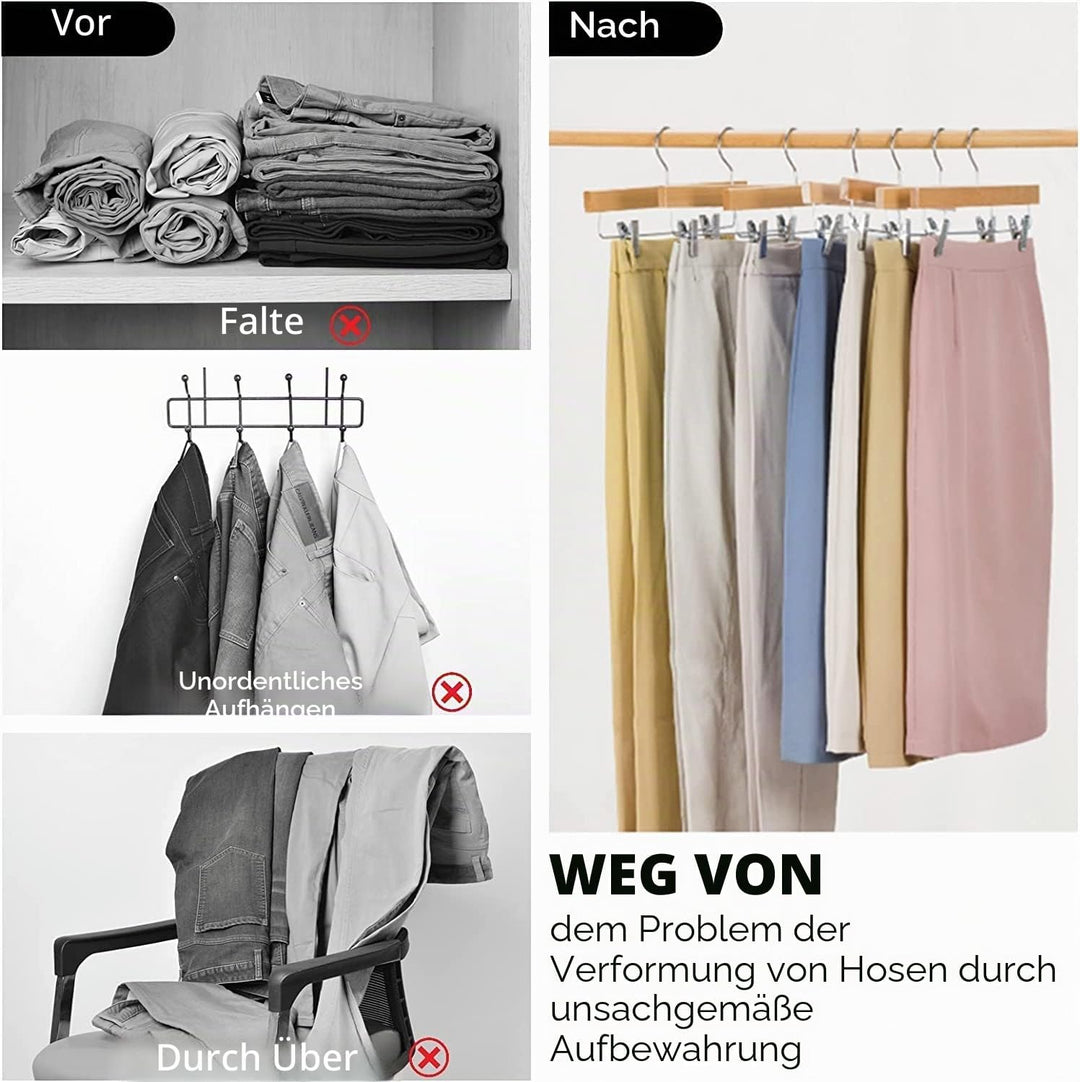 Amber Home 10 Stück 35,5cm Kleiderbügel aus Holz für Hose, Natürliche | Verstellbare Rutschfest Clip