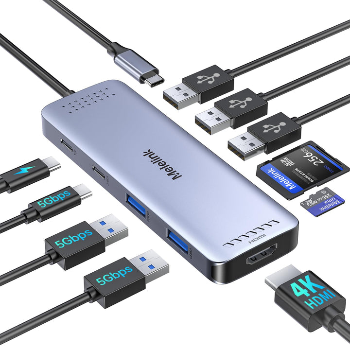USB C Hub für MacBook, USB-C Adapter Multiport 10 in 1 mit 4K 60Hz HDMI, 100W PD, SD/microSD Kartenl