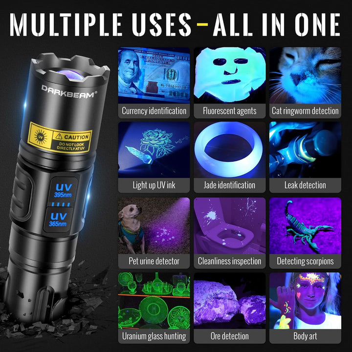 DARKBEAM UV Taschenlampe Schwarzlicht 365nm &amp; 395nm, LED Taschenlampen Ultraviolett USB Aufladbar Su