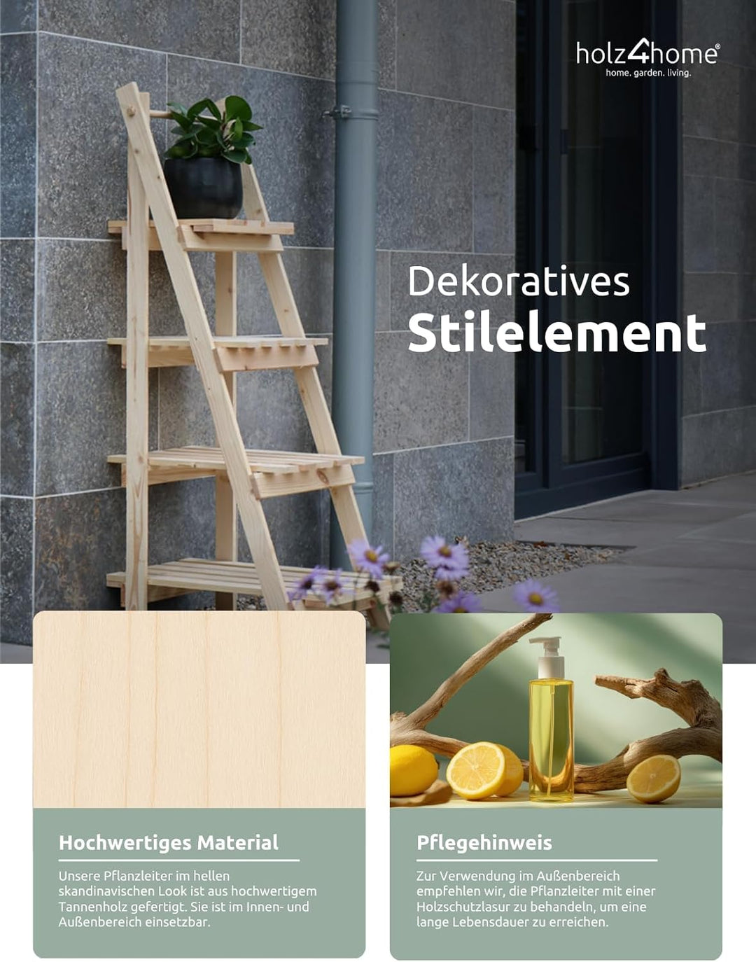 holz4home® Pflanzleiter mit 4 Ablagen I Grösse: 52,5 x 109 x 35 cm I Blumentreppe aus Tannenholz hel