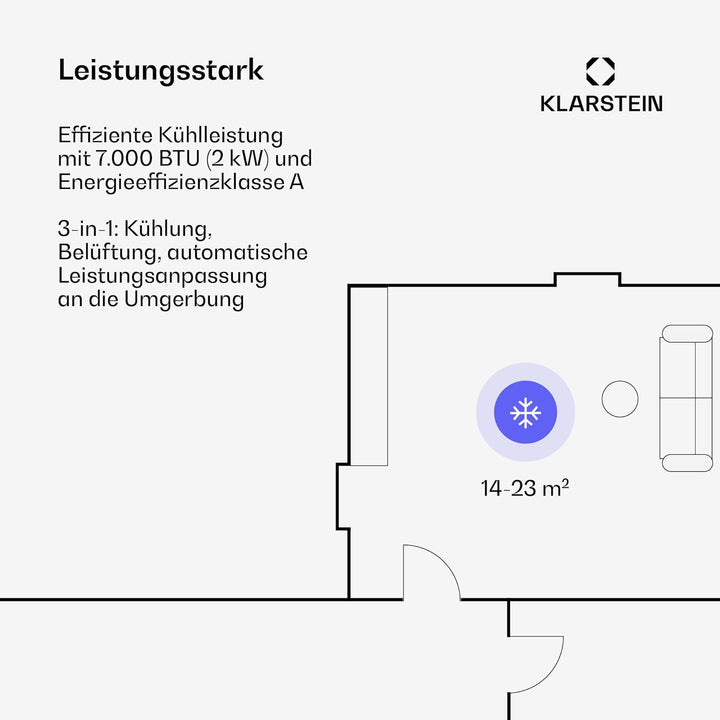 Klarstein Mobile Klimaanlage mit Abluftschlauch - 7000 BTU, 3-in-1, Leise & Energieeffizient, Smart