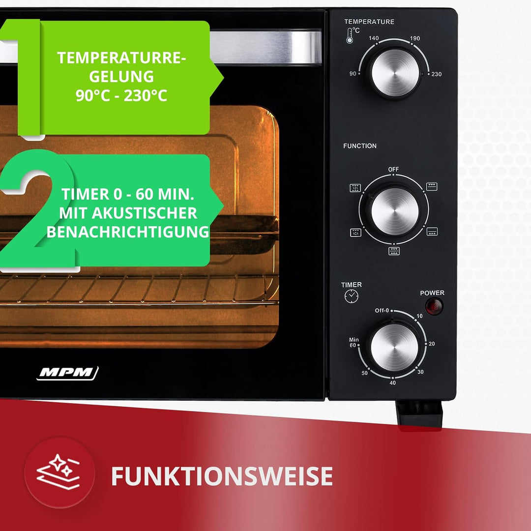 MPM Freistehender Elektrischer MPE-15/T - Ofen 28 Liter - Mini-Ofen mit Umluft und Timer 230°C - 150