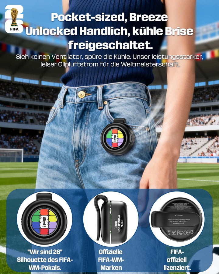 Offizielle FIFA WM 2026 Edition Clip Ventilator, Mini Ventilator mit Clip für Hemd und Taille, 360°