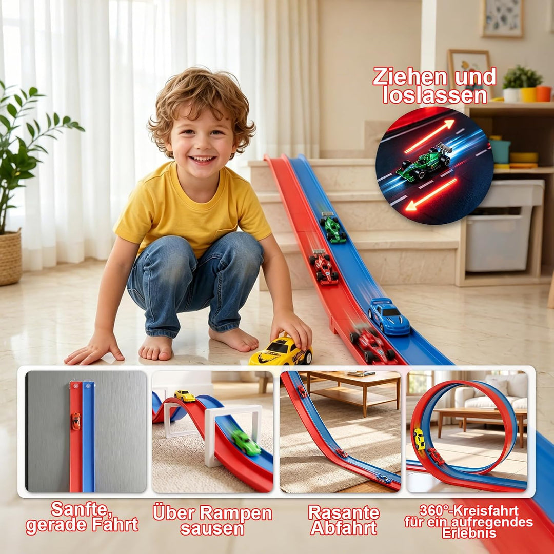 Flexible Autorennbahn Kinder - 5M Autorennbahn Spielzeug aus Silikon mit Saugnapf, 4 Spielzeugautos,