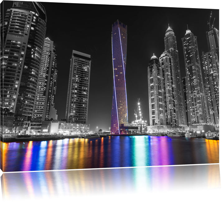 Skyline von Dubai bei Nacht schwarz/weiss Format: 100x70 auf Leinwand, XXL riesige Bilder fertig ger