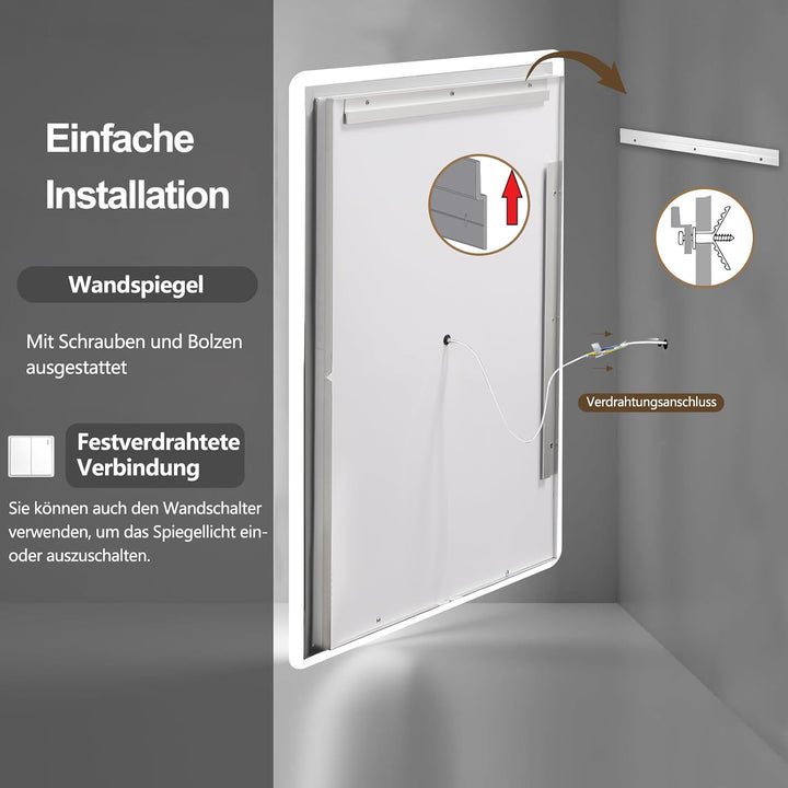 LED Badezimmerspiegel 80x60 cm, dimmbar, beschlagfrei, IP44 3 Lichtfarbe + Dimmbar 80L x 60B cm, 3 L