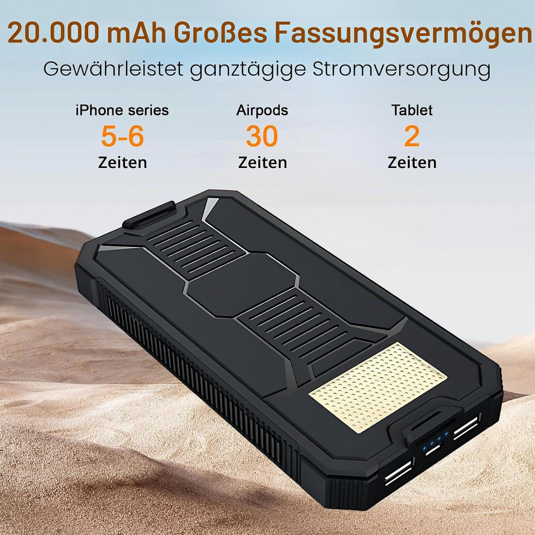 Solar Power Bank 20000mAh,Wasserdichtes Tragbares Powerbank Solarpanel mit 2 USB-Anschlüssen 1 Typ-C