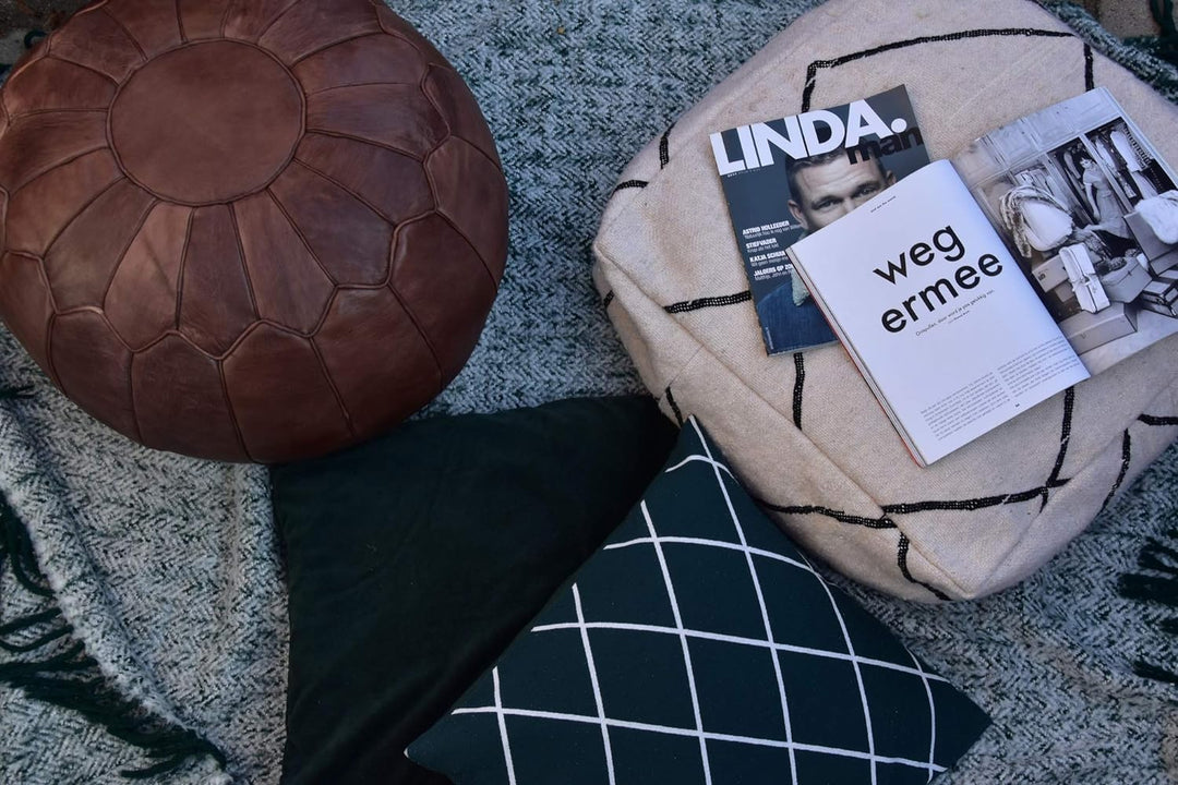 Poufs&Pillows Marokkanischer Echtleder Pouf - Braun - Handgefertigt - gefüllt geliefert - Ottoman Si