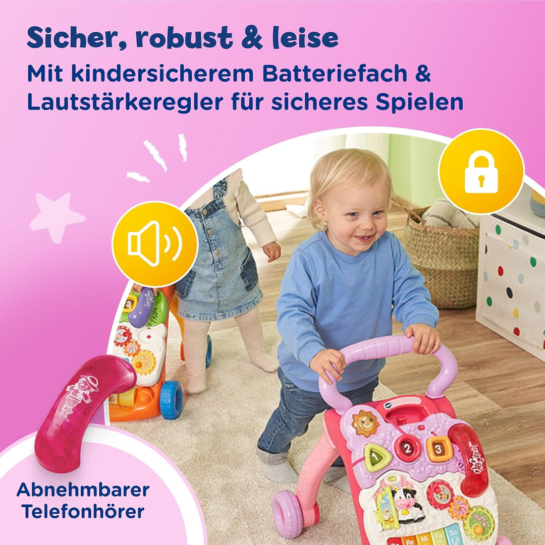 VTech Baby Spiel- und Laufwagen pink – Lauflernwagen mit regulierbarer Geschwindigkeit, Musik und ab
