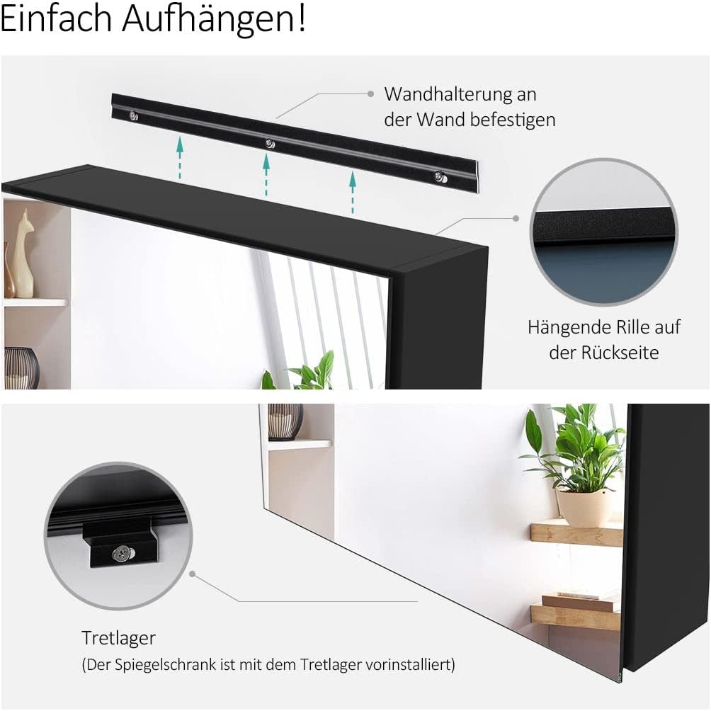 EMKE Spiegelschrank mit Innenspiegel, schwarzer Badezimmerspiegelschrank, Aluminium-Spiegelschränke