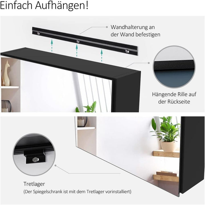 EMKE Spiegelschrank mit Innenspiegel, schwarzer Badezimmerspiegelschrank, Aluminium-Spiegelschränke