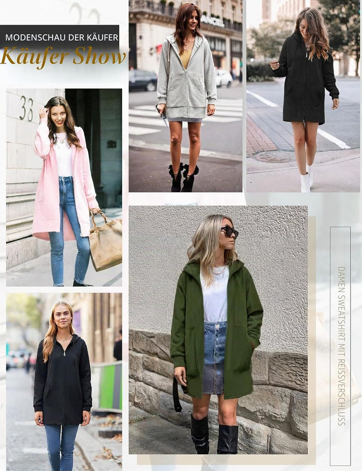 Tuopuda Damen Hoodie Jacke Oversize Reissverschluss Winterjacke Langarm Mantel Winter Warm Cardigan