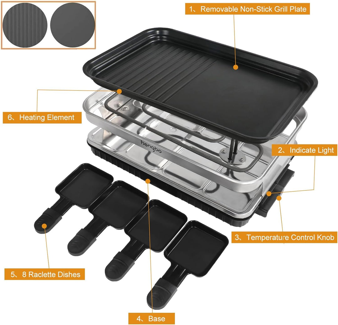 Raclette 8 Personen Tischgrill Elektrisch, Raclette Grill mit 8 Mini Raclette Pfännchen & 4 Holzspat