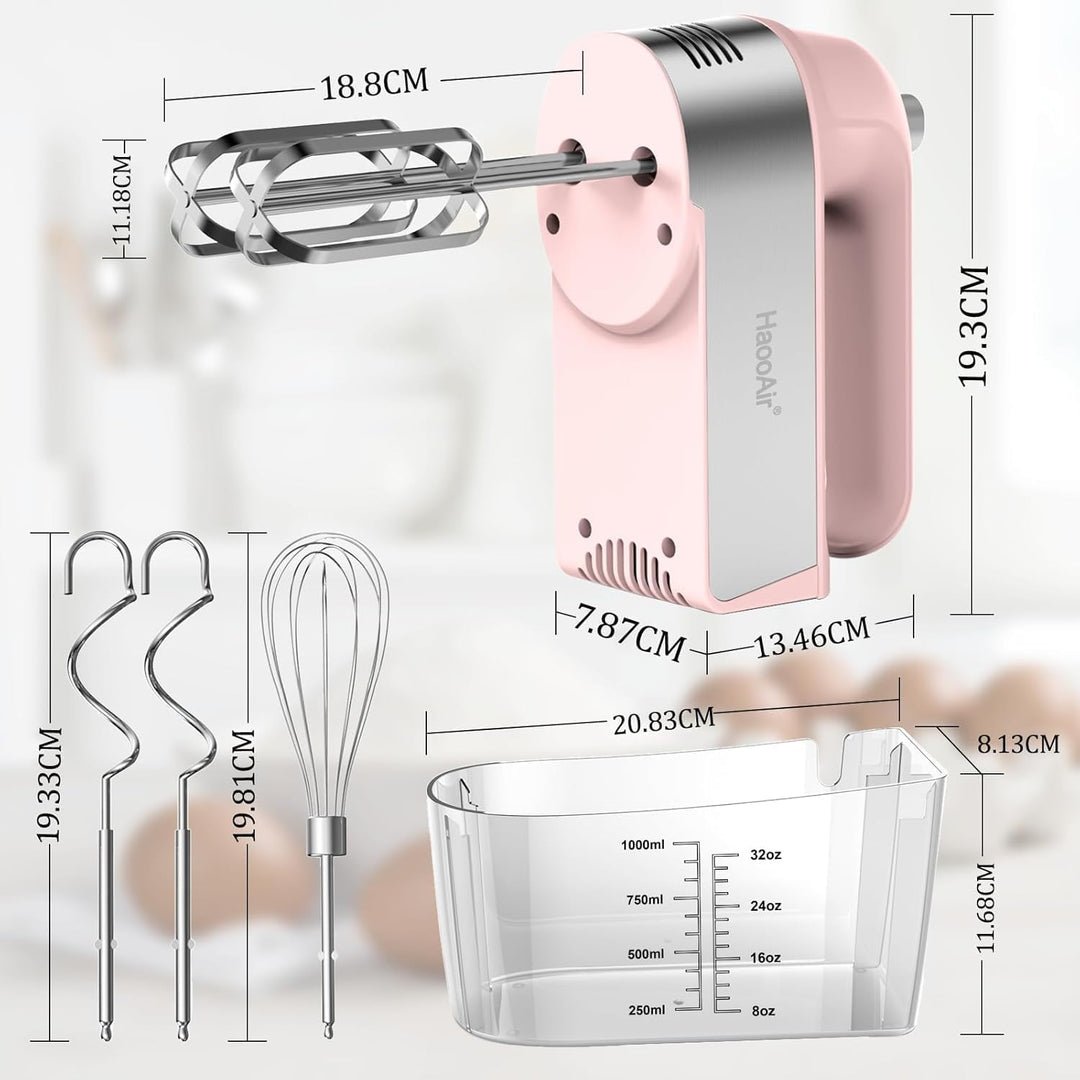 450W Elektro-Handmixer, 5-Gang-Handmixer mit Messbecher-aufbewahrung, 5 Edelstahl-Zubehör, Turbo-Boo