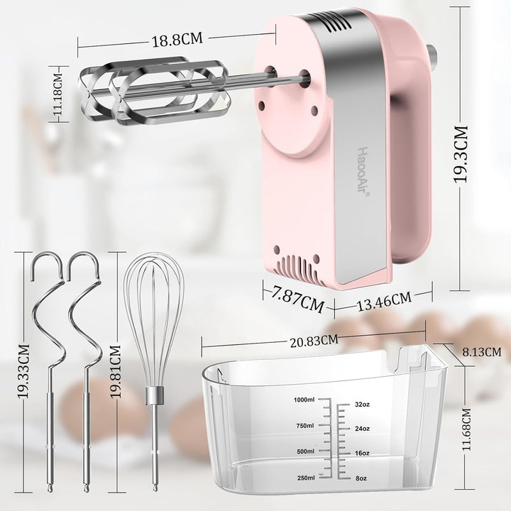 450W Elektro-Handmixer, 5-Gang-Handmixer mit Messbecher-aufbewahrung, 5 Edelstahl-Zubehör, Turbo-Boo