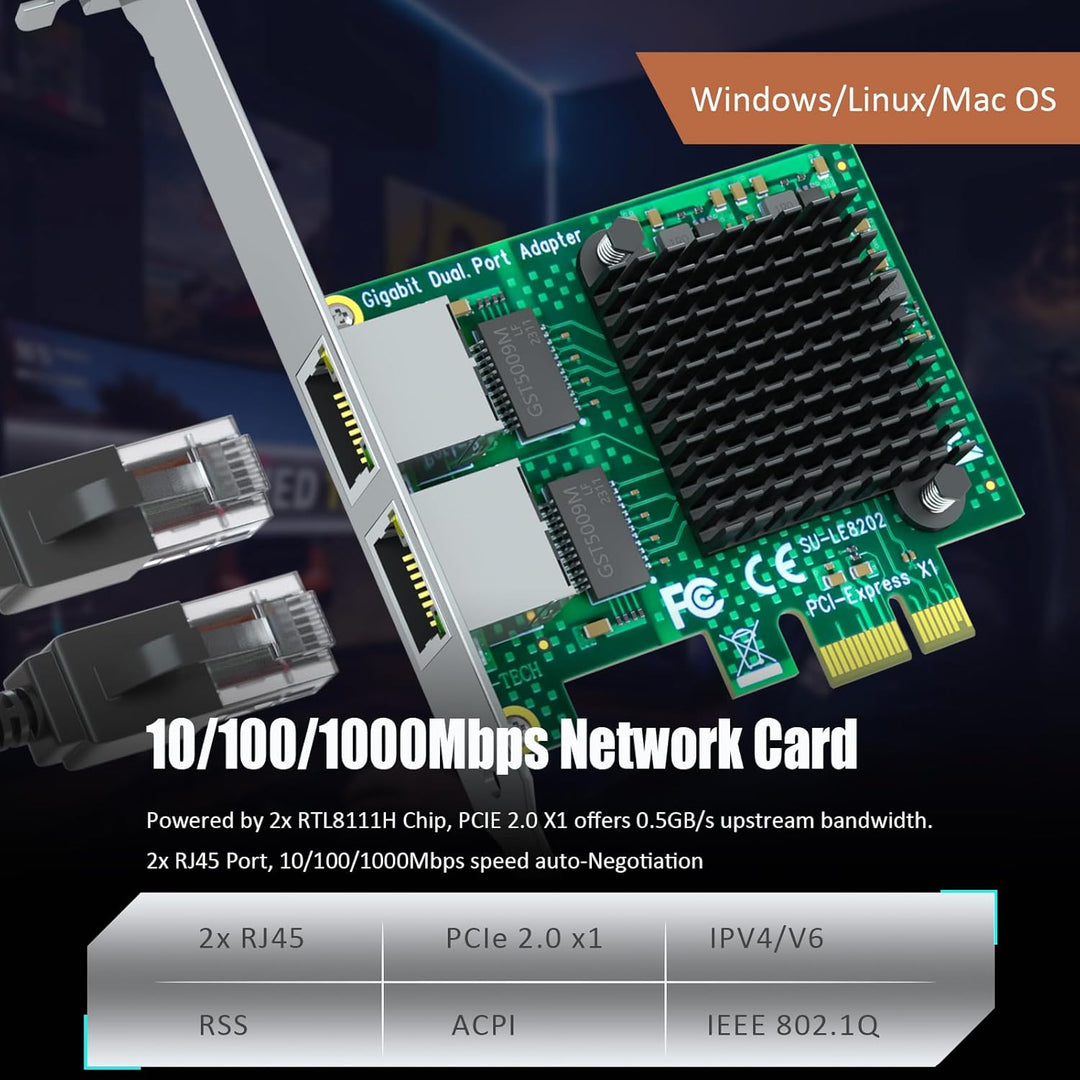 GLOTRENDS LE8202 2-Port Gigabit PCIe Ethernet Netzwerkkarte, 2 x RTL8111H Chip, 2 x RJ45 LAN Port, P