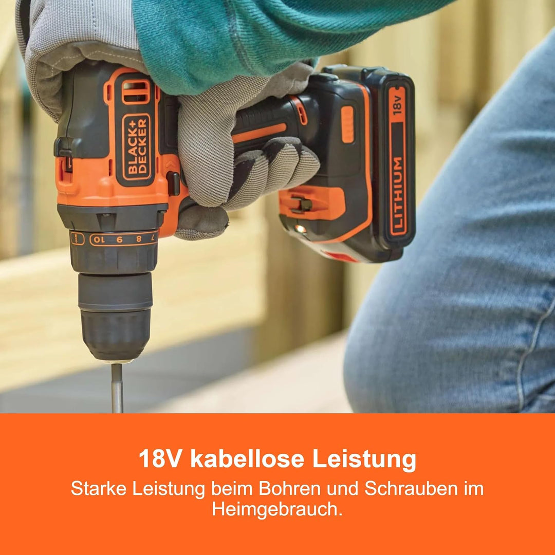 BLACK+DECKER 18V 2G Bohrschrauber, 2 Gänge, 11-Positions-Kupplung, 40Nm Drehmoment, 2x 1,5Ah Akkus,