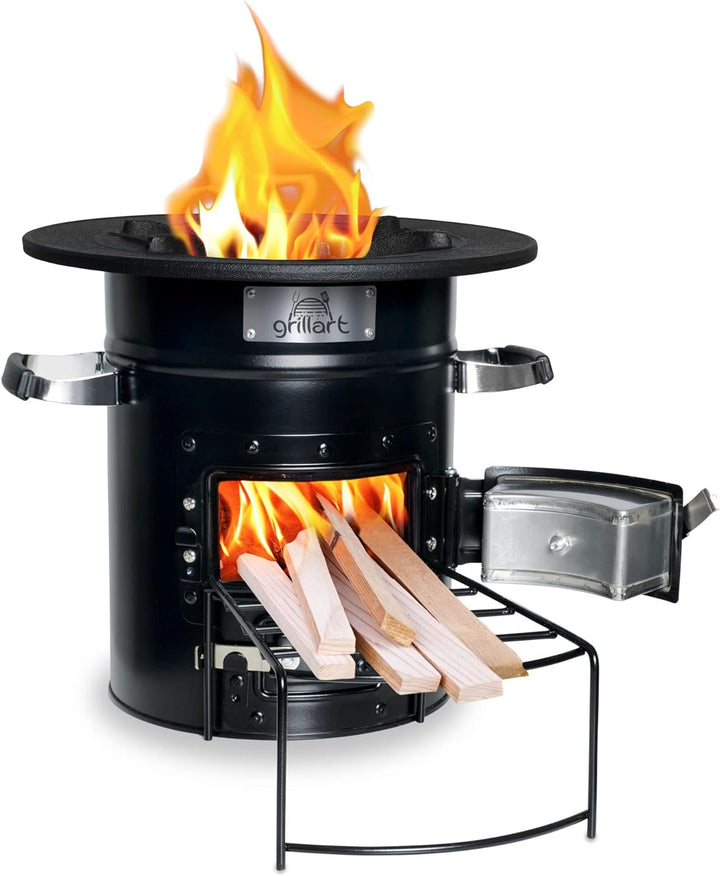 grillart® Raketenofen Outdoor “Powertrain” schwarz – effizienter Holzofen als Campingkocher für Dutc