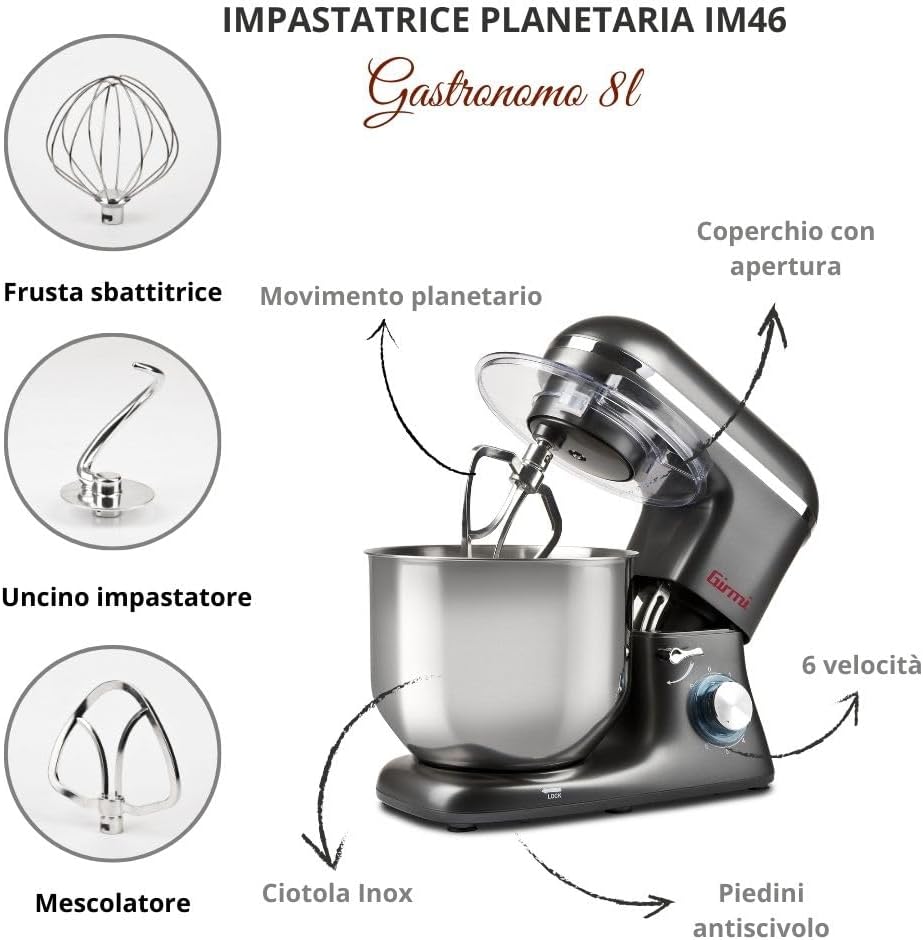 Girmi IM46 Knetmaschine Gastronomo 8 l, Teige von max. 3 kg, Leistung: 1400 W (max. 1800 W), IM4600,