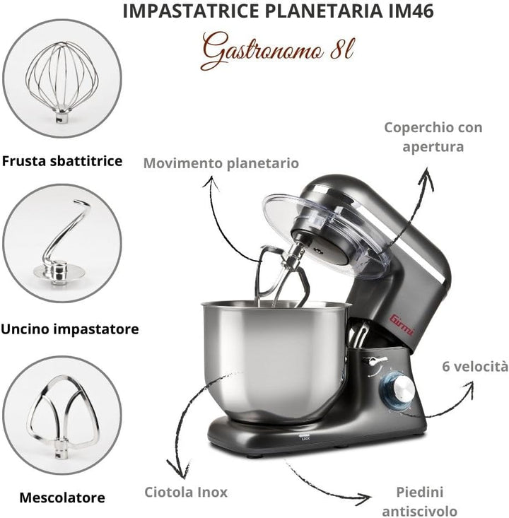 Girmi IM46 Knetmaschine Gastronomo 8 l, Teige von max. 3 kg, Leistung: 1400 W (max. 1800 W), IM4600,