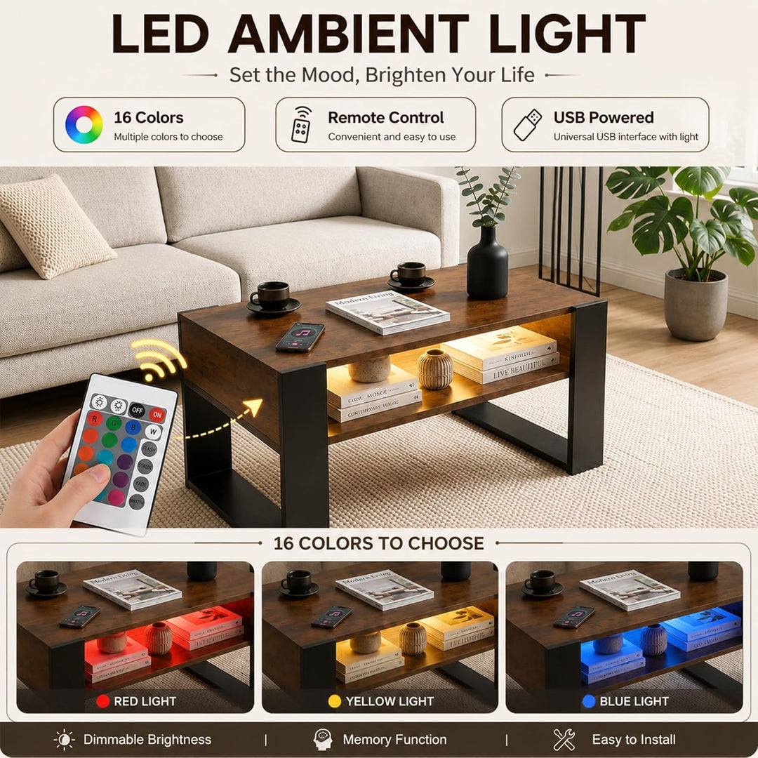 LED Couchtisch mit Stauraum, Wohnzimmertisch mit 2 Ebenen, moderner Sofatisch aus Holz, Beistelltisc