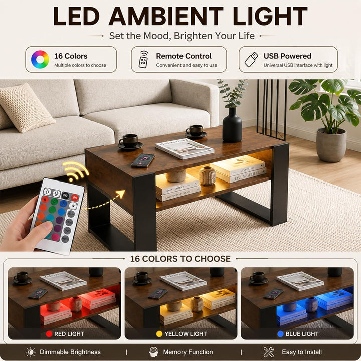 LED Couchtisch mit Stauraum, Wohnzimmertisch mit 2 Ebenen, moderner Sofatisch aus Holz, Beistelltisc